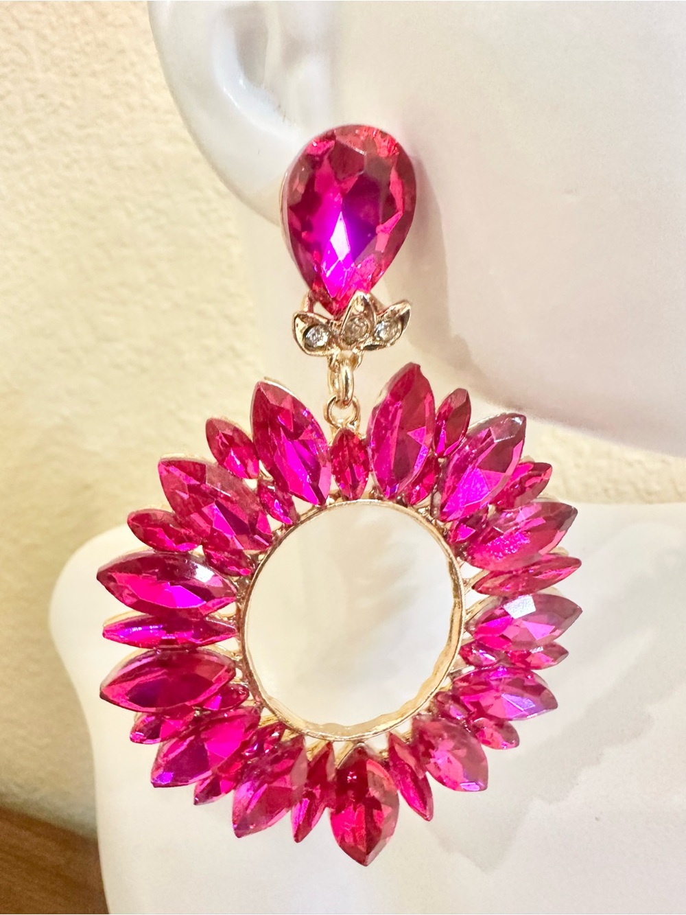 Fashion Jewelry Hot Pink Crystal Sunburst Hoop Drop Earrings